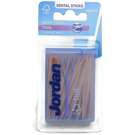 Jordan Double Ended Thin Dental Sticks with Fluoride Mint - 100 Pieces