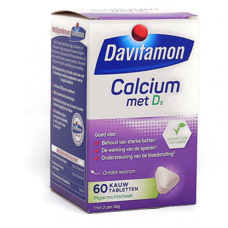Davitamon Calcium met Vitamine D3 Kauwtabletten, Pepermuntsmaak, 60 Stuks