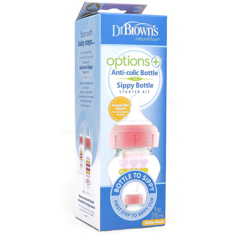 Dr. Brown&#039;s Options+ Anti-Colic Bottle to Sippy Starter Kit, Wide-Neck, 270 ml, Roze