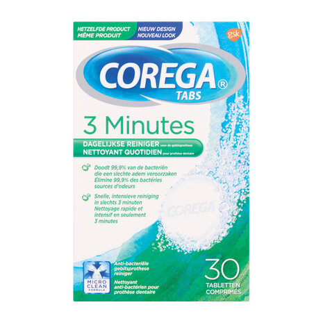 Corega Tabs 3 Minuten Dagelijkse Reiniger voor Gebitsprotheses - 30 Tabletten