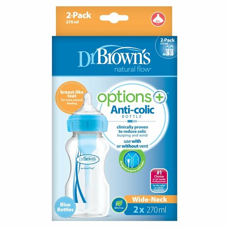 Dr Brown&#039;s Options+ Brede Halsfles 270ml Blauw 2st