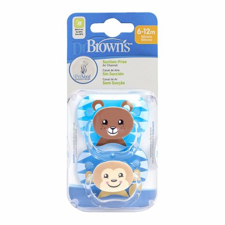Dr Brown&#039;s Fopspeen Prevent Animal Faces F2 Blauw 2st
