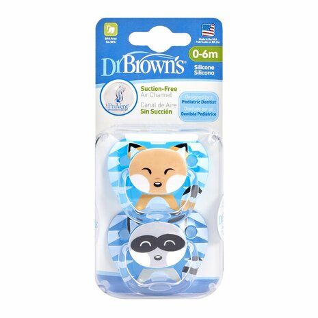 Dr Brown&#039;s Fopspeen Prevent Animal Faces F1 Blauw 2st